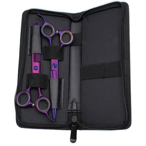 Kit ciseaux Phoenix Violina : étui ouvert avec les deux ciseaux violets