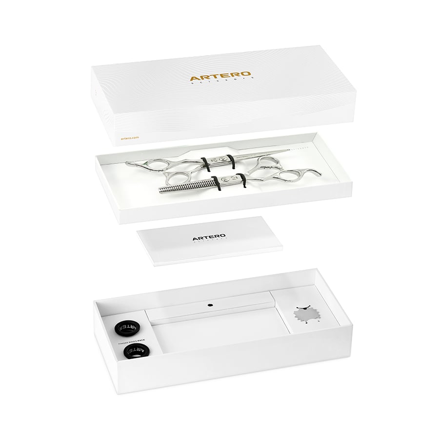 Set de ciseaux Artero One gaucher : coffret blanc ouvert