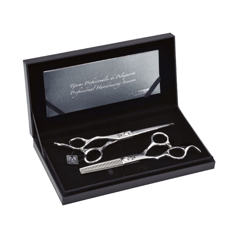 Set de ciseaux Artero One gaucher : coffret noir ouvert avec les deux ciseaux