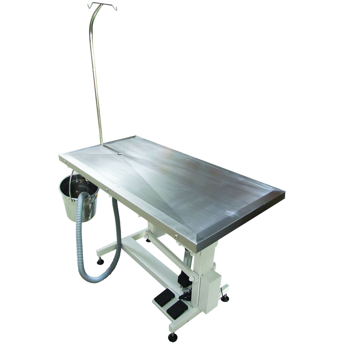 Table d'opération vétérinaire Perseus : table inox avec perche et seau