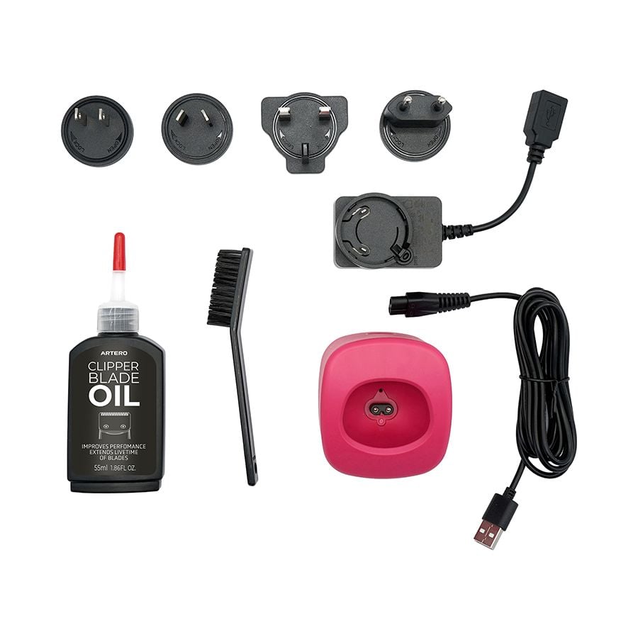 Tondeuse A5 Artero Inviktus : accessoires fournis avec socle fuchsia