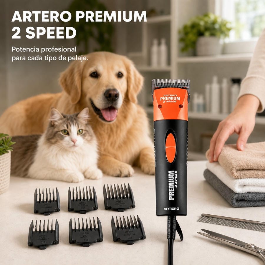 Tondeuse A5 filaire Artero Premium : infographie deux vitesses avec un golden retriever