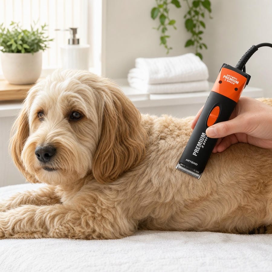 Tondeuse A5 filaire Artero Premium : tonte sur un chien à poil bouclé