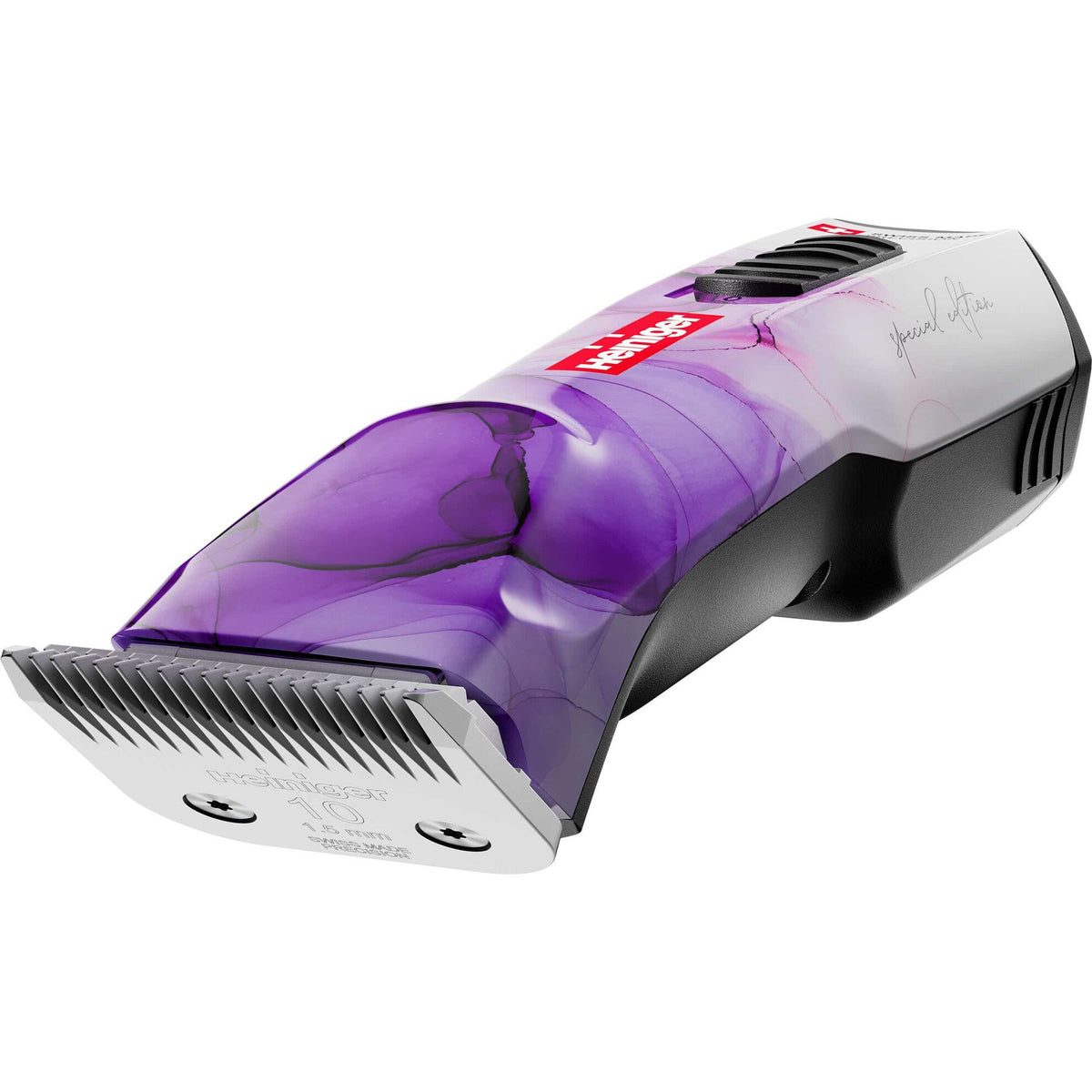 Tondeuse Heiniger Opal violette : gros plan de la tête de coupe