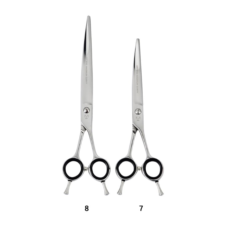 Ciseaux courbes microdentés Artero Magnum Curvy : les deux tailles côte à côte