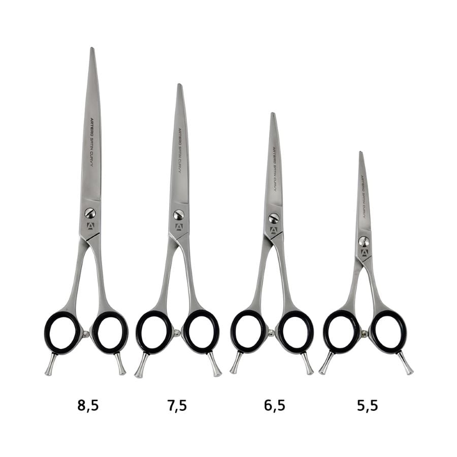 Ciseaux courbes microdentés Artero Satin Curvy : les quatre tailles côte à côte