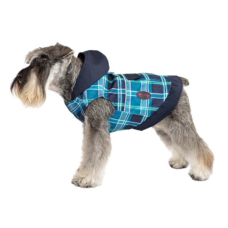 Imperméable à capuche bleu ciel à carreaux pour chien