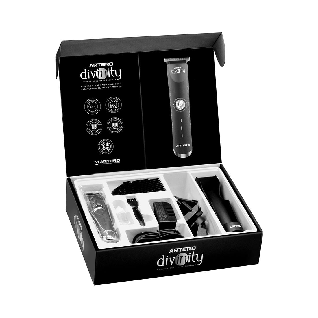 Tondeuse de finition Artero Divinity : coffret ouvert avec tondeuse et accessoires