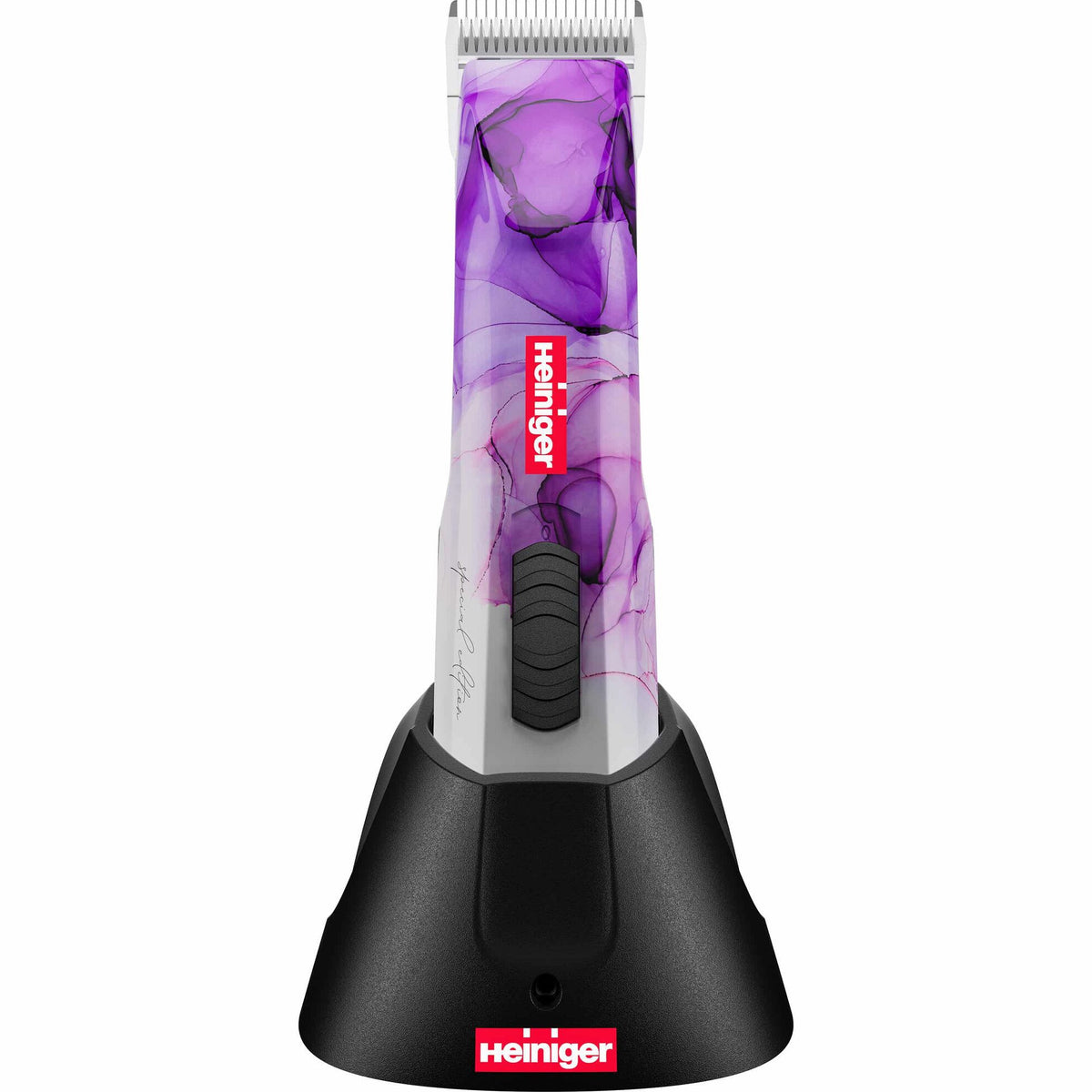 Tondeuse Heiniger Opal violette : tondeuse sur son socle de charge